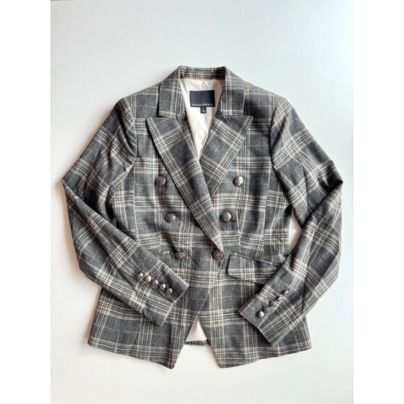 BANANA REPUBLIC Cadet Grey Check Wool Flannel Double Breasted Blazer, Size 6 - Picture 9 of 16